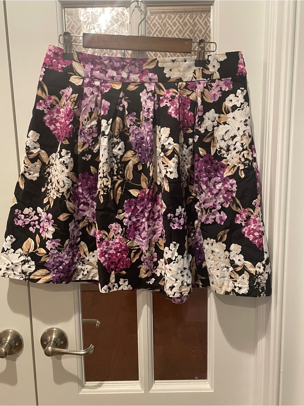 White House Black Market Black Floral Pleated Skirt with Purple and White Blooms - Picture 2 of 6